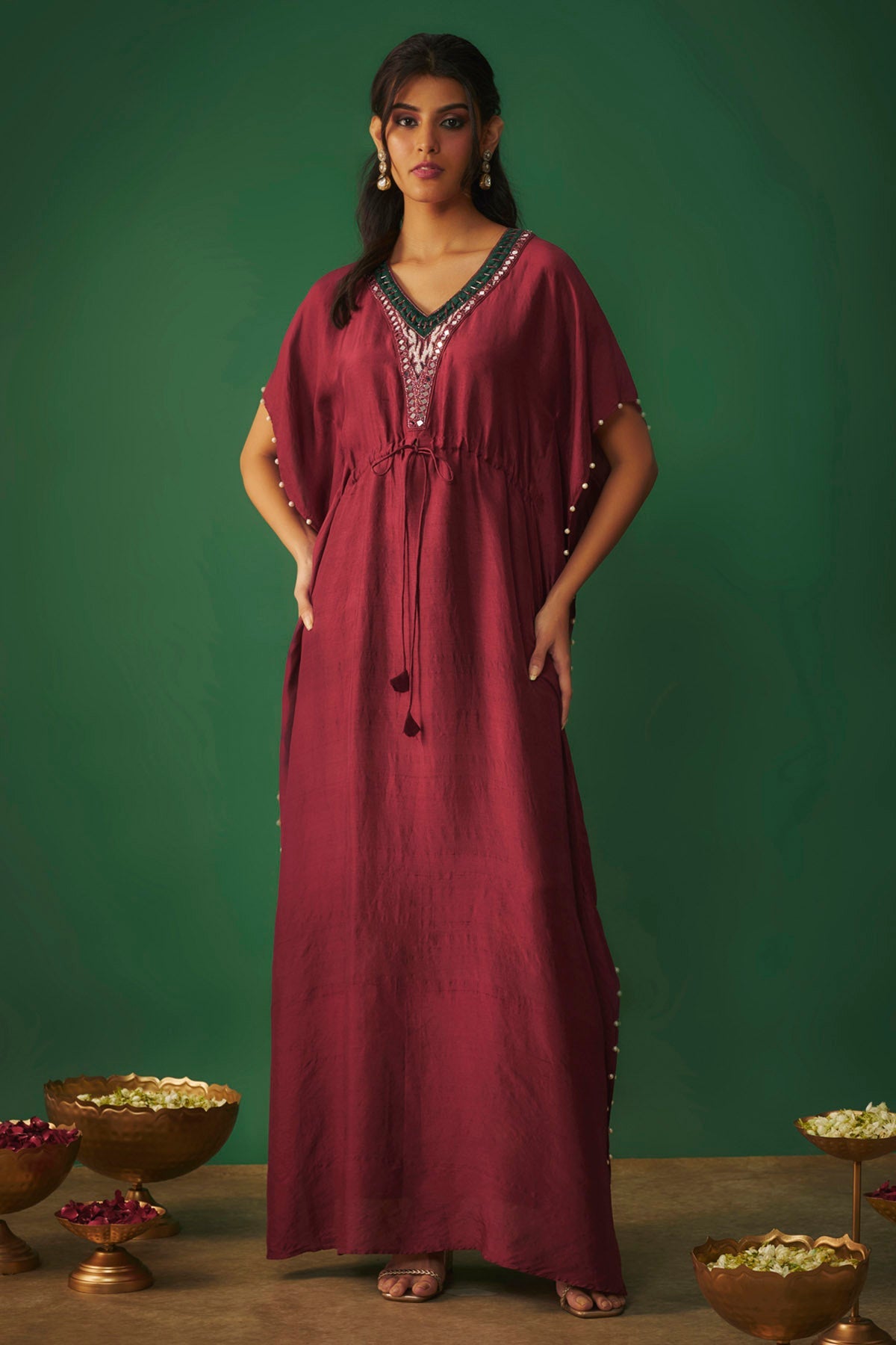 Mehak Murpana Deep Red Embroidered Kaftan for Women Online at ScrollnShops