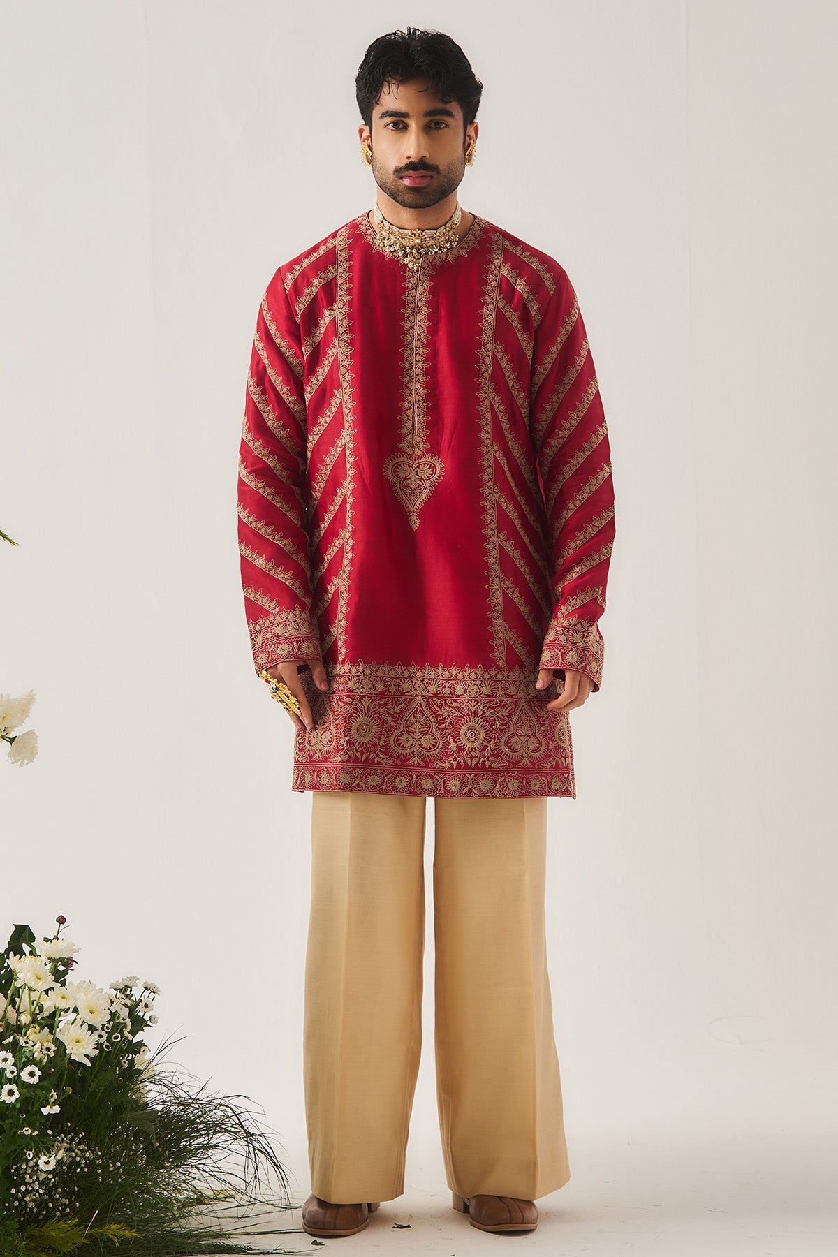 Buy Deep Red Embroidered Kurta Set for Men by WABI SABI available online at ScrollnShops