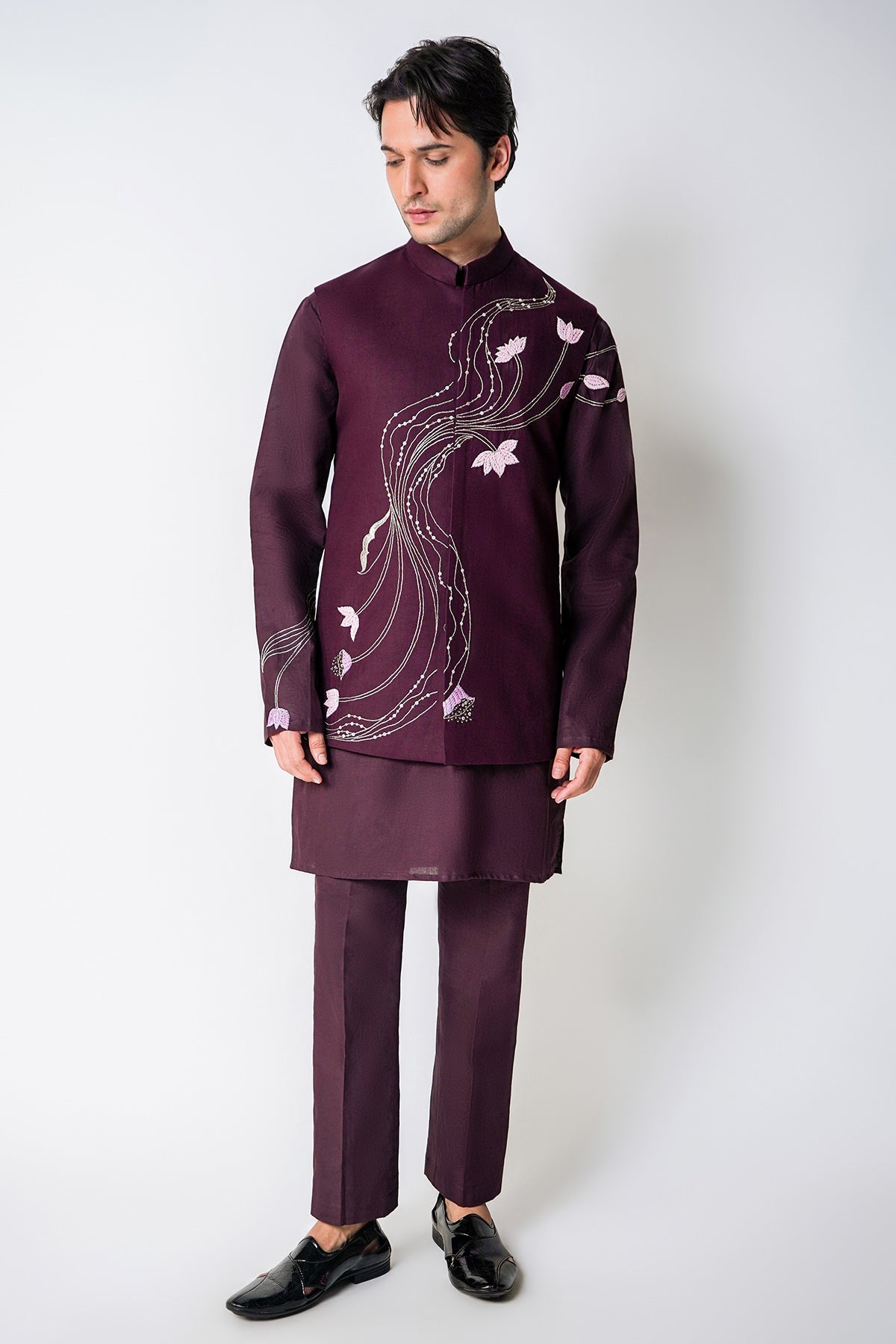 Buy Deep Wine Asymmetric Bundi Set for men by House of Sheriff online available at scrollnshops