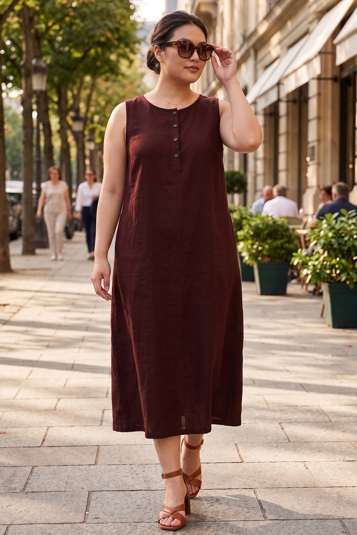 Deep Wine Cotton Linen Dress