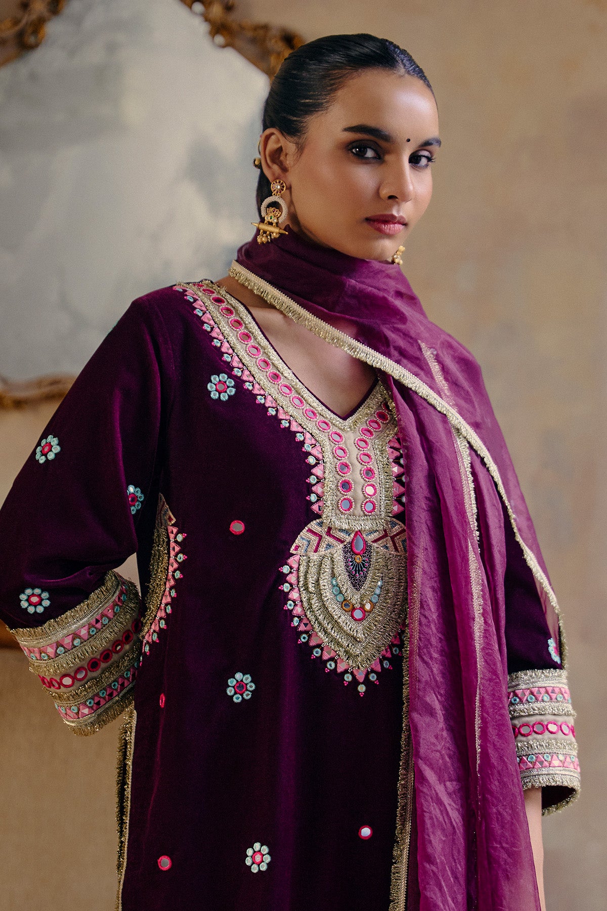 Deep Wine Velvet Bead Kurta Set