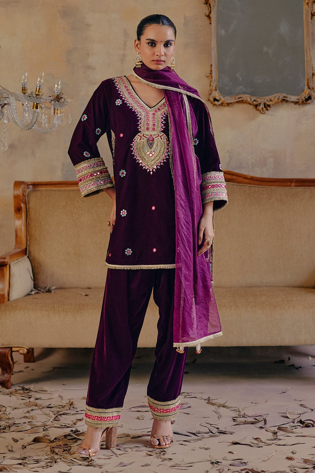 Buy Deep Wine Velvet Bead Kurta Set for women by Ajiesh Oberoi online available at scrollnshops