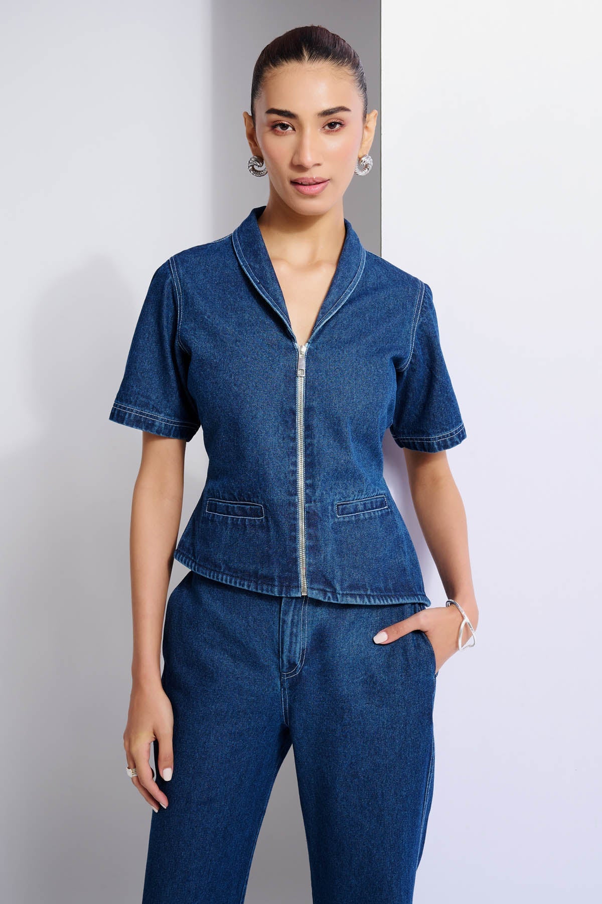 Vanten Denim Asymmetrical Collar Top for women online at ScrollnShops