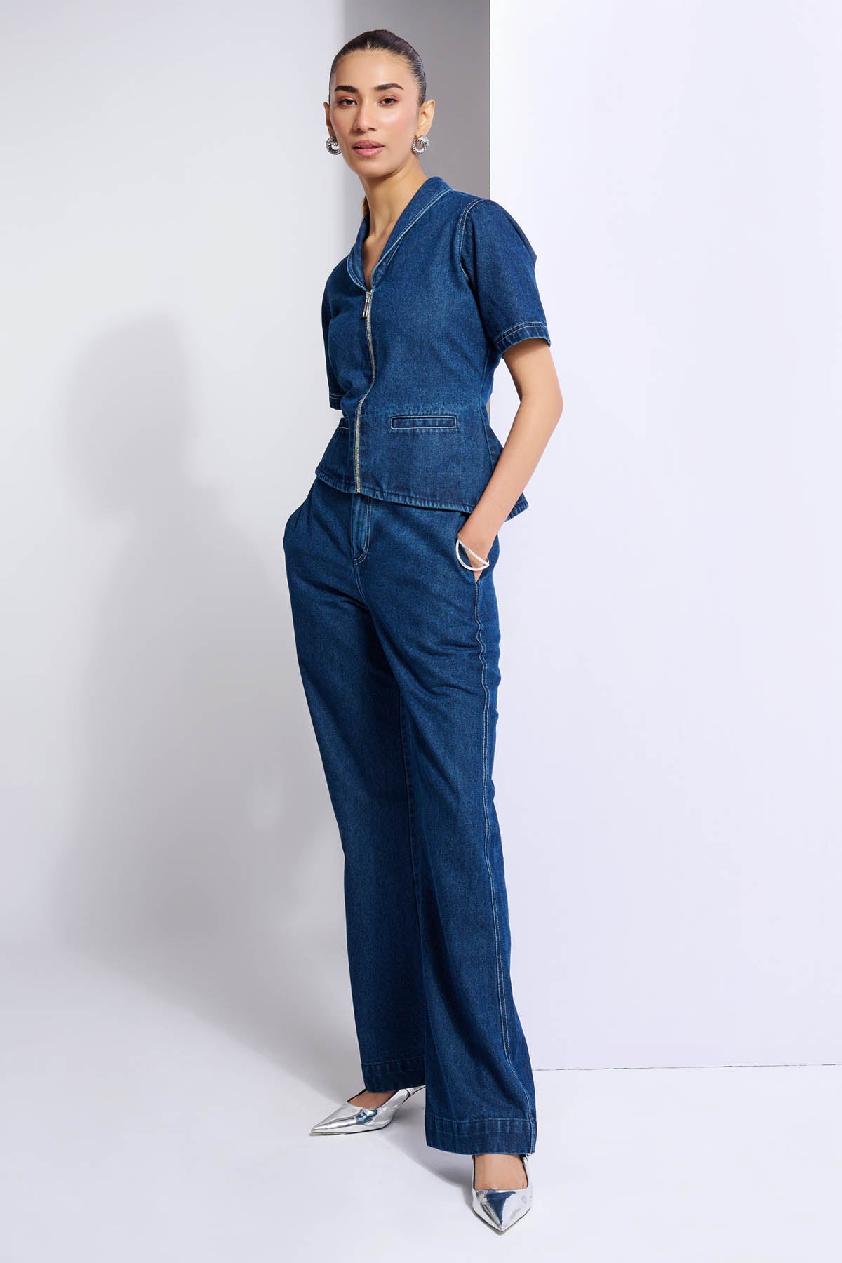 Denim Collar Top & Trousers