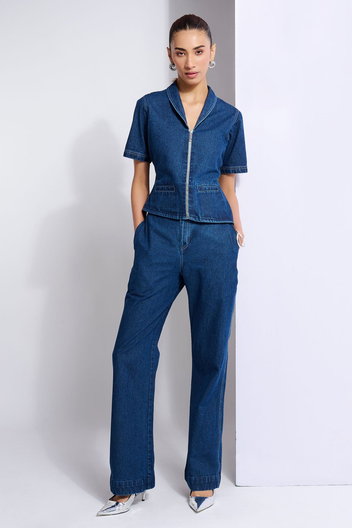 Vanten Denim Collar Top & Trousers for women online at ScrollnShops