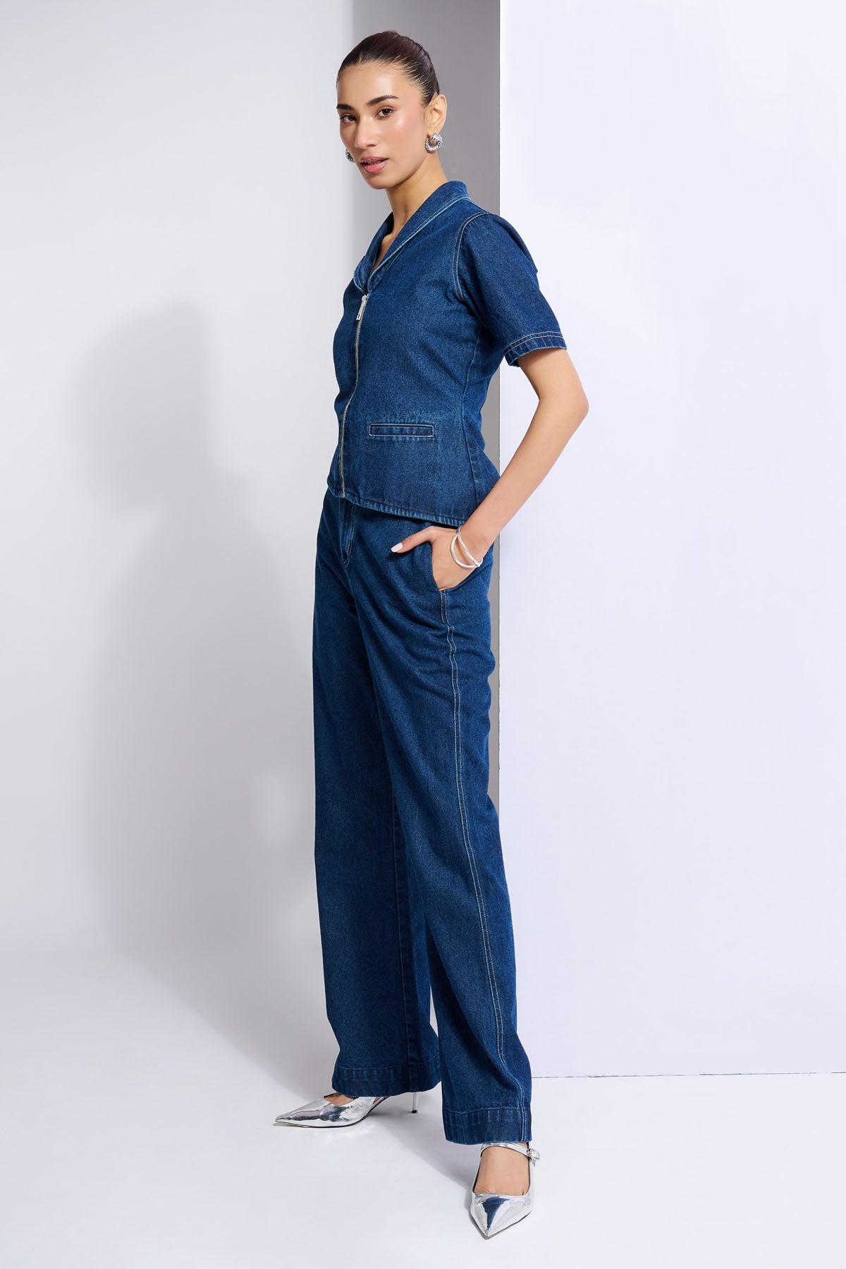 Denim Collar Top & Trousers