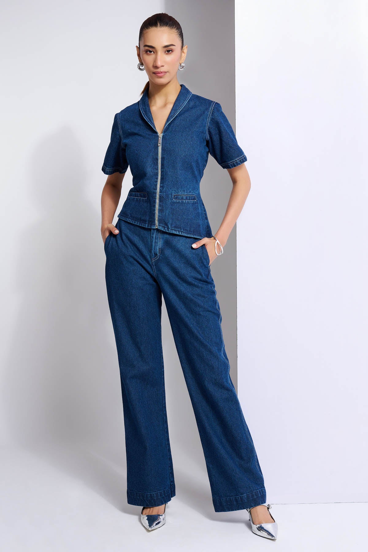 Denim Collar Top & Trousers
