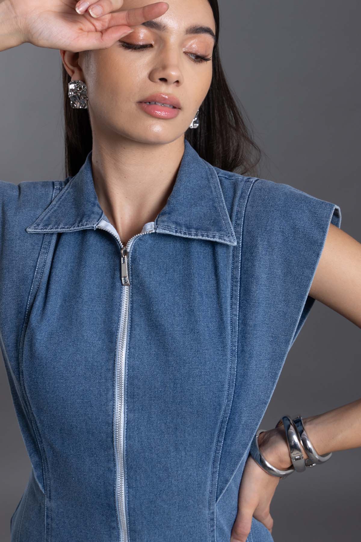 Denim Collar Zip Mini Dress