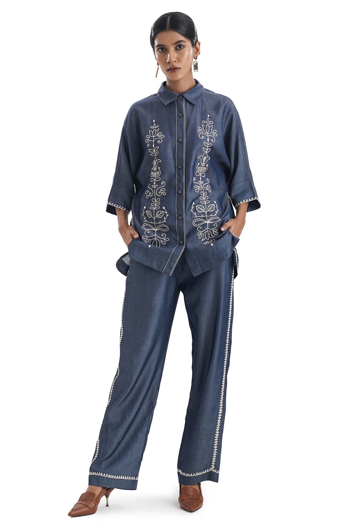 Buy Notre Ame Denim Embroidered Co-ord Set For Women Online at ScrollnShops