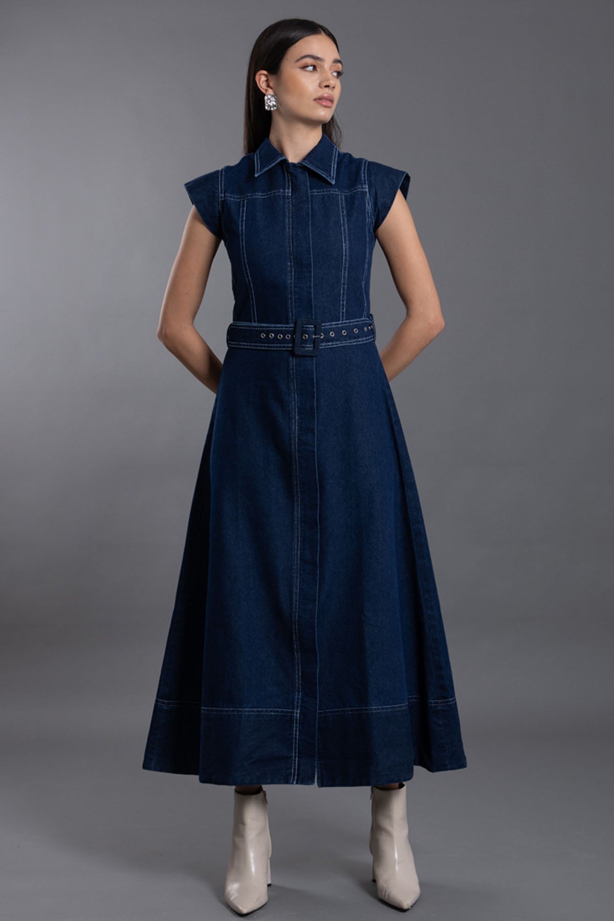 Vanten Denim Midi Collar Dress & Belt for women online at ScrollnShops