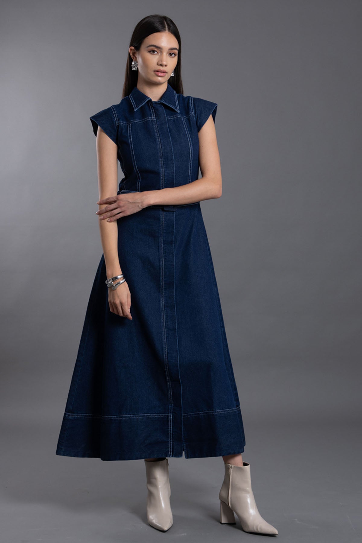 Denim Midi Collar Dress & Belt