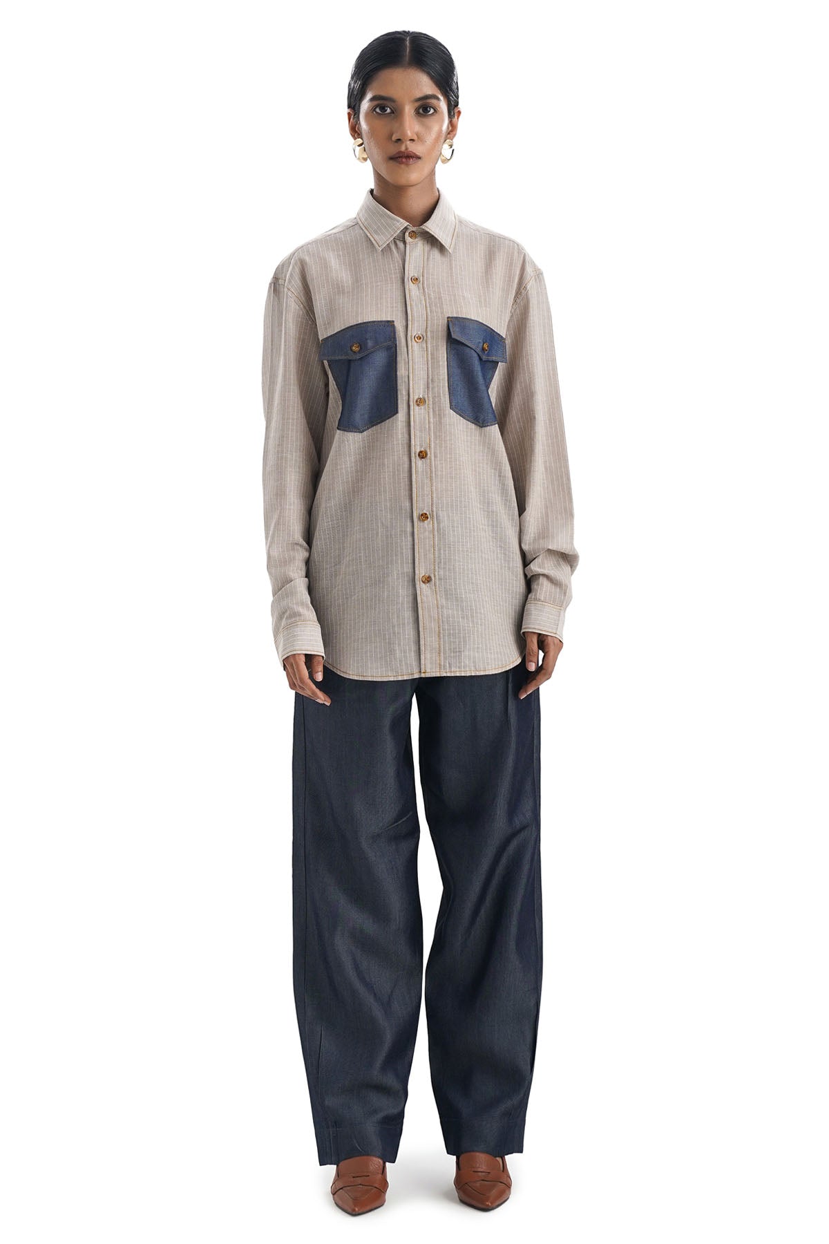 Buy Notre Ame Denim Pocket Fawn Stripe Shirt For Women Online at ScrollnShops