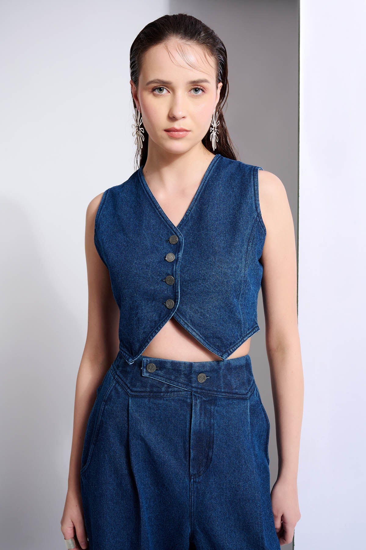 Vanten Denim Sleeveless Crop Waistcoat for women online at ScrollnShops