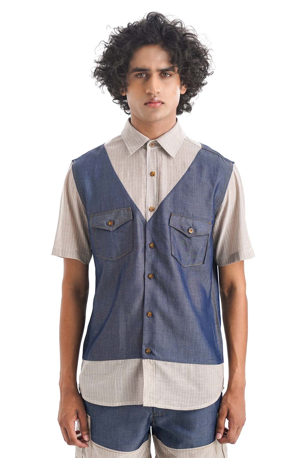 Notre Ame - Men Denim Stripes Waistcoat Shirt for men online at ScrollnShops