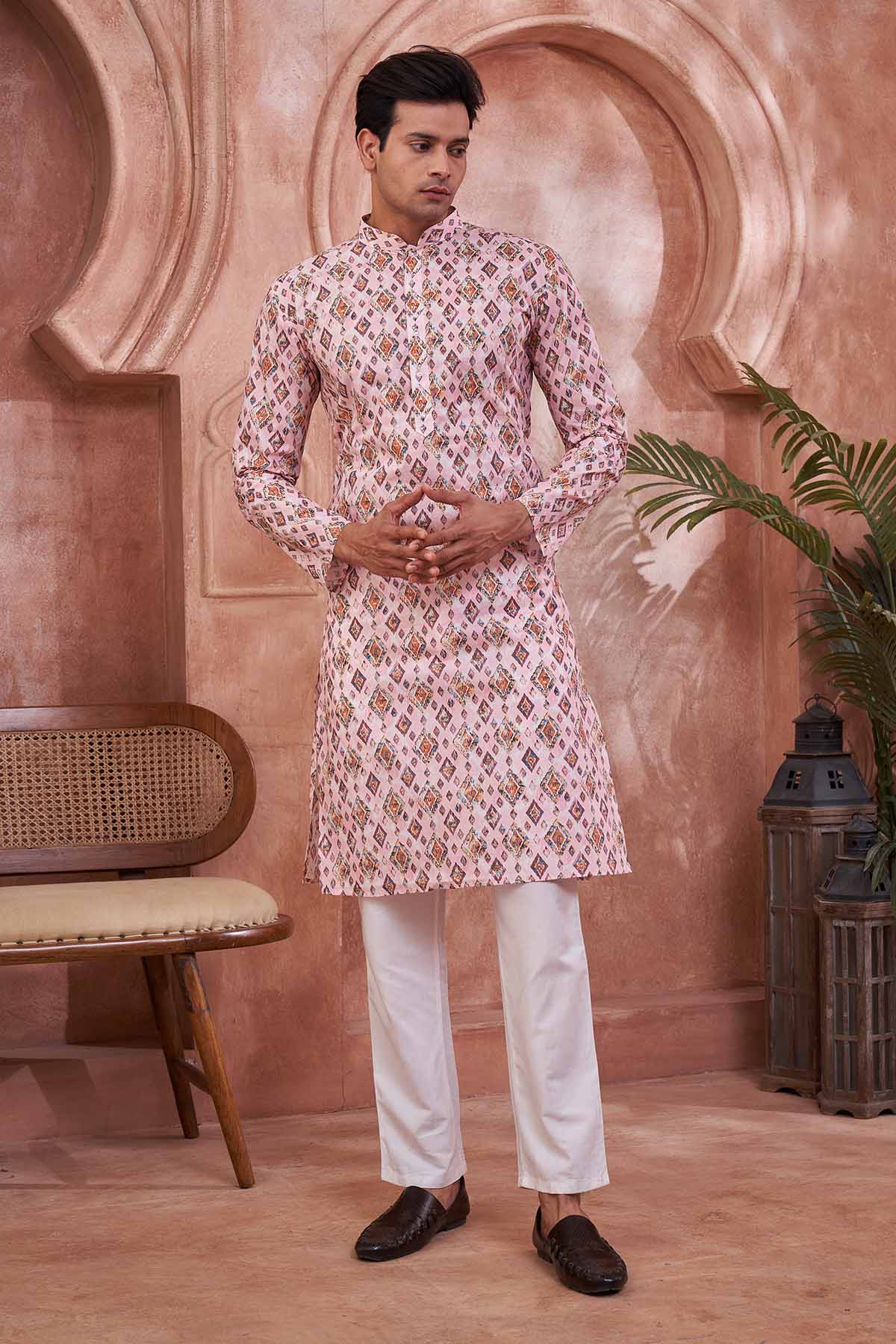 Buy Diamond Print Pink Cotton Kurta by SNEHA B - Men for online at ScrollnShops