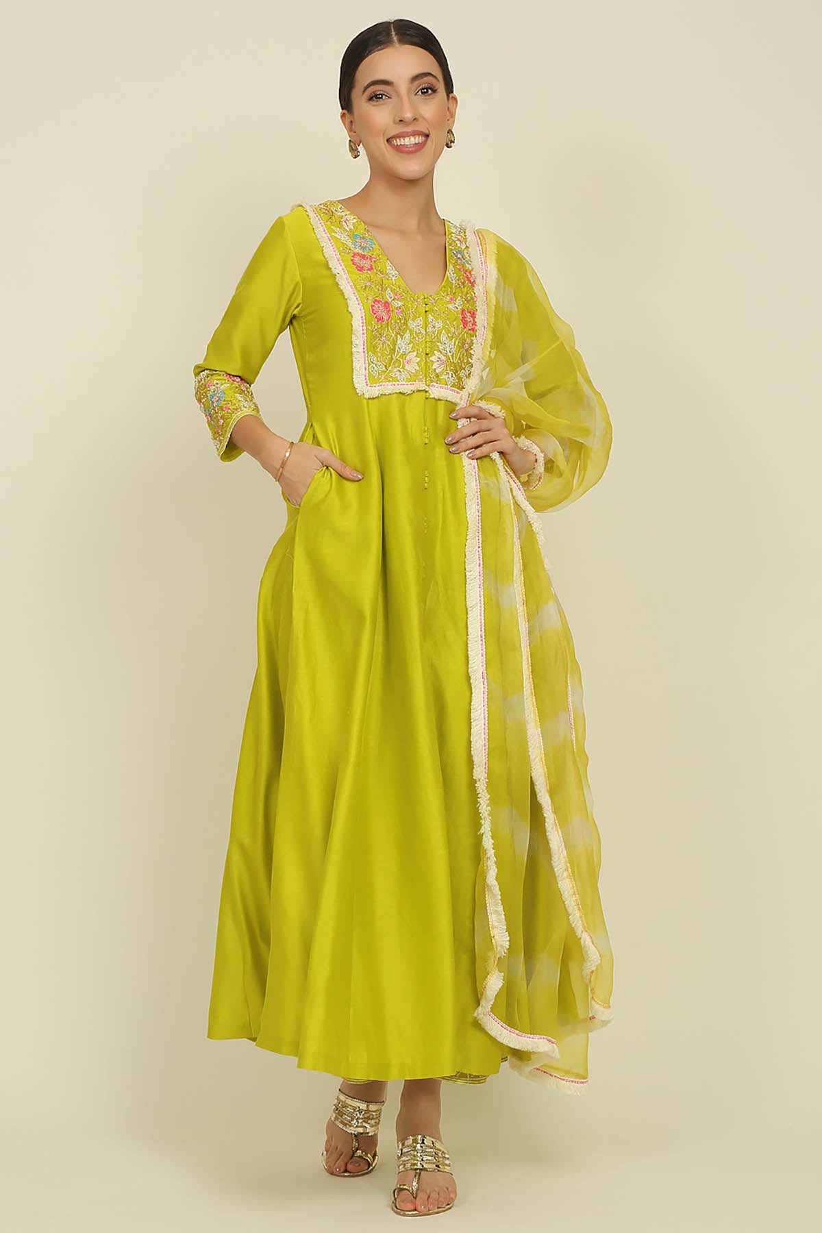Lime Green Chanderi Kurta Set