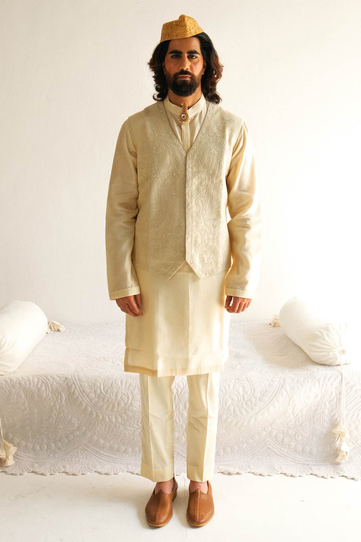 WABI SABI Dori Embroidered Beige Bundi Set for men online at ScrollnShops