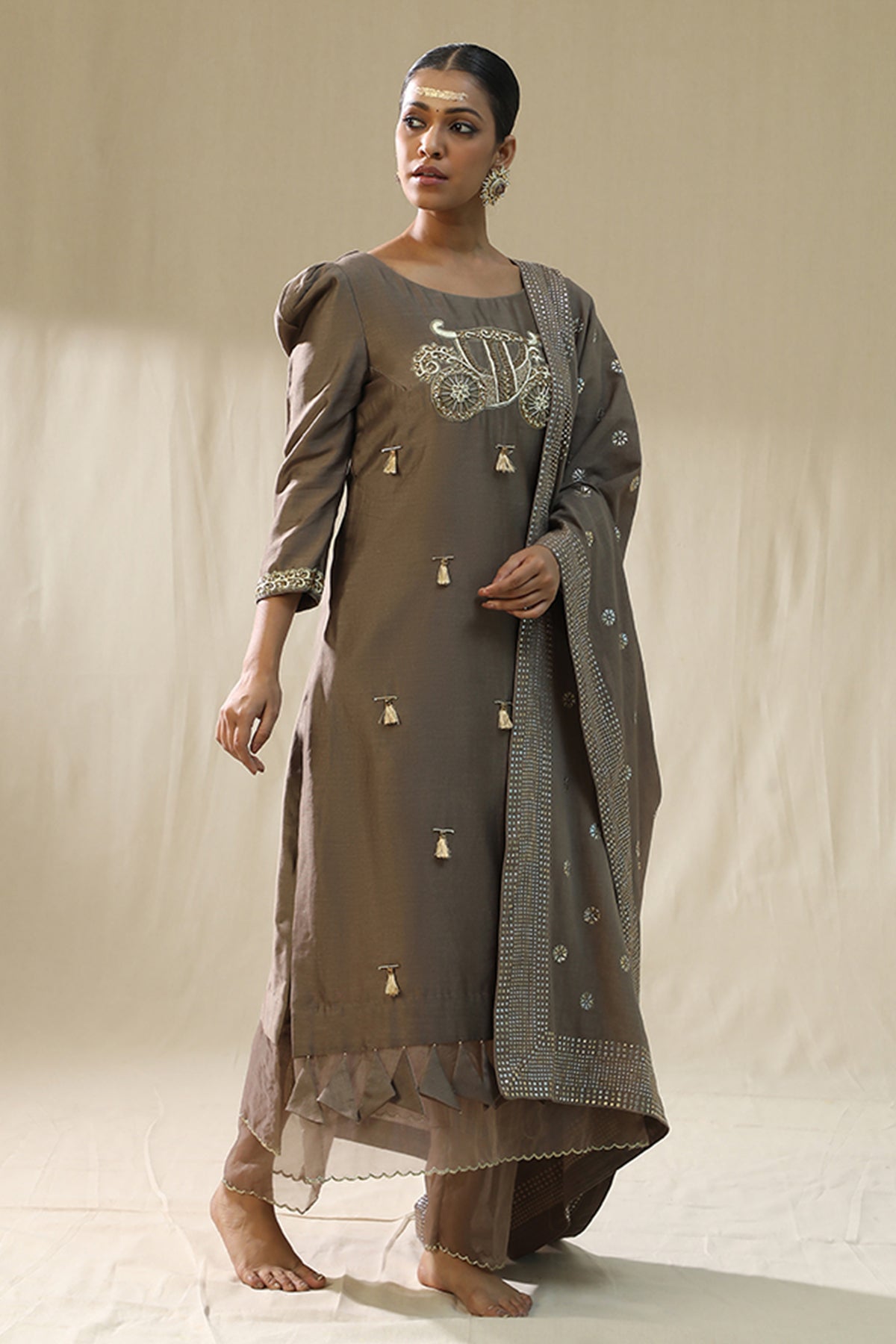 Dori Embroidered Mocha Kurta Set
