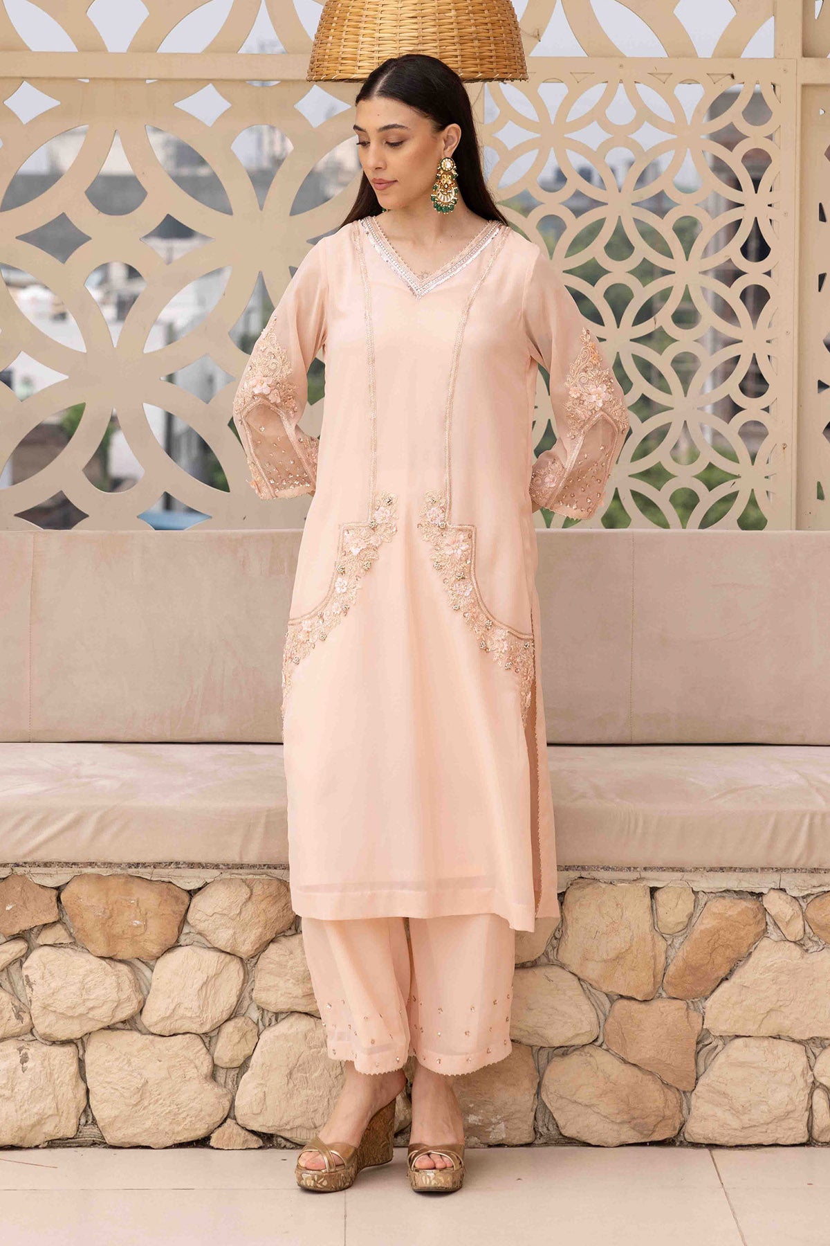 Dori Embroidered Peach Kurta Set