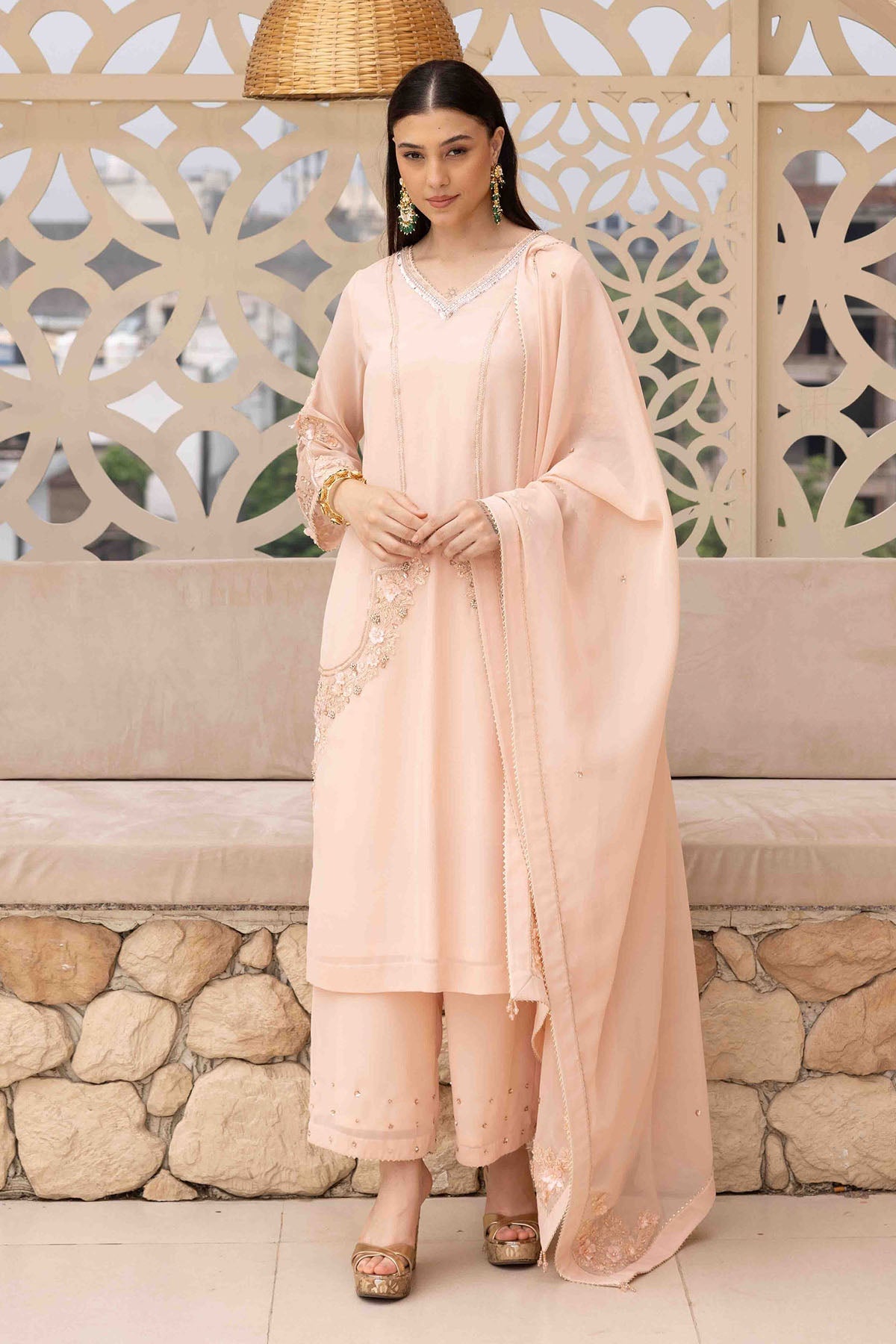 Buy Dori Embroidered Peach Kurta Set by Ajiesh Oberoi for women online at ScrollnShops