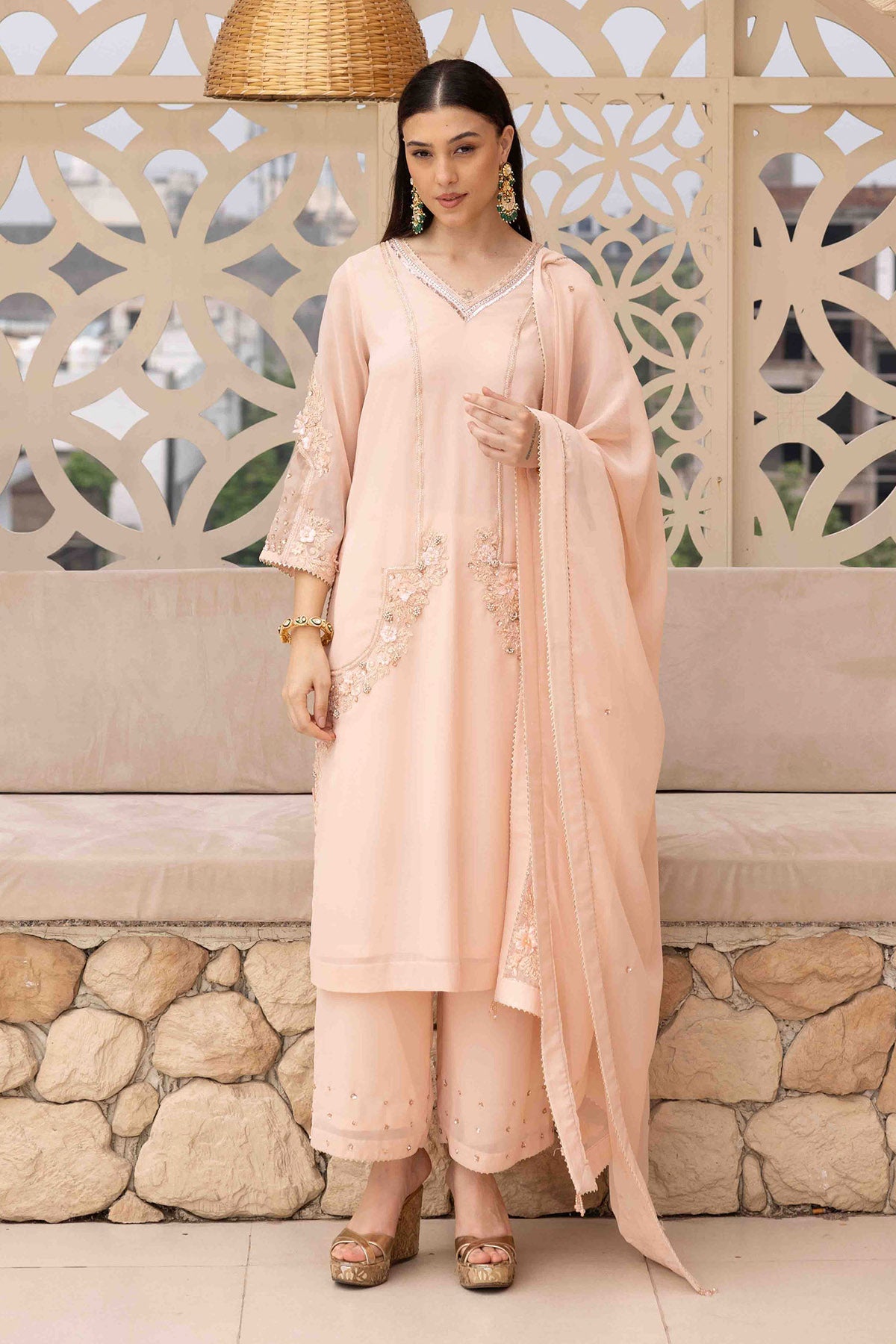 Dori Embroidered Peach Kurta Set