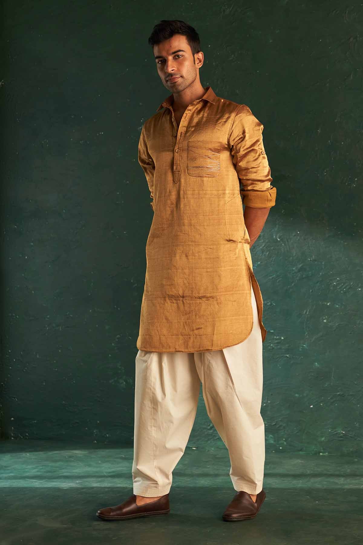Buy Doriwork Gold Pathani Kurta Set Online