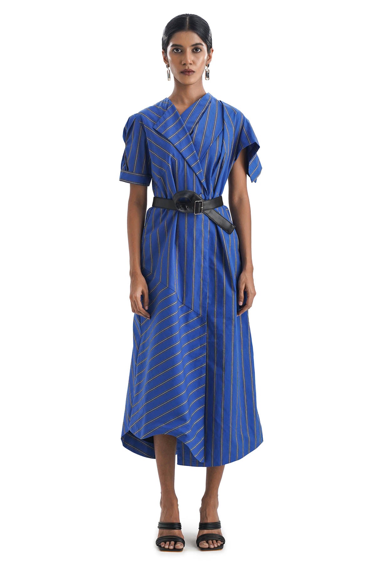 Draped Blue Stripe Cotton Dress