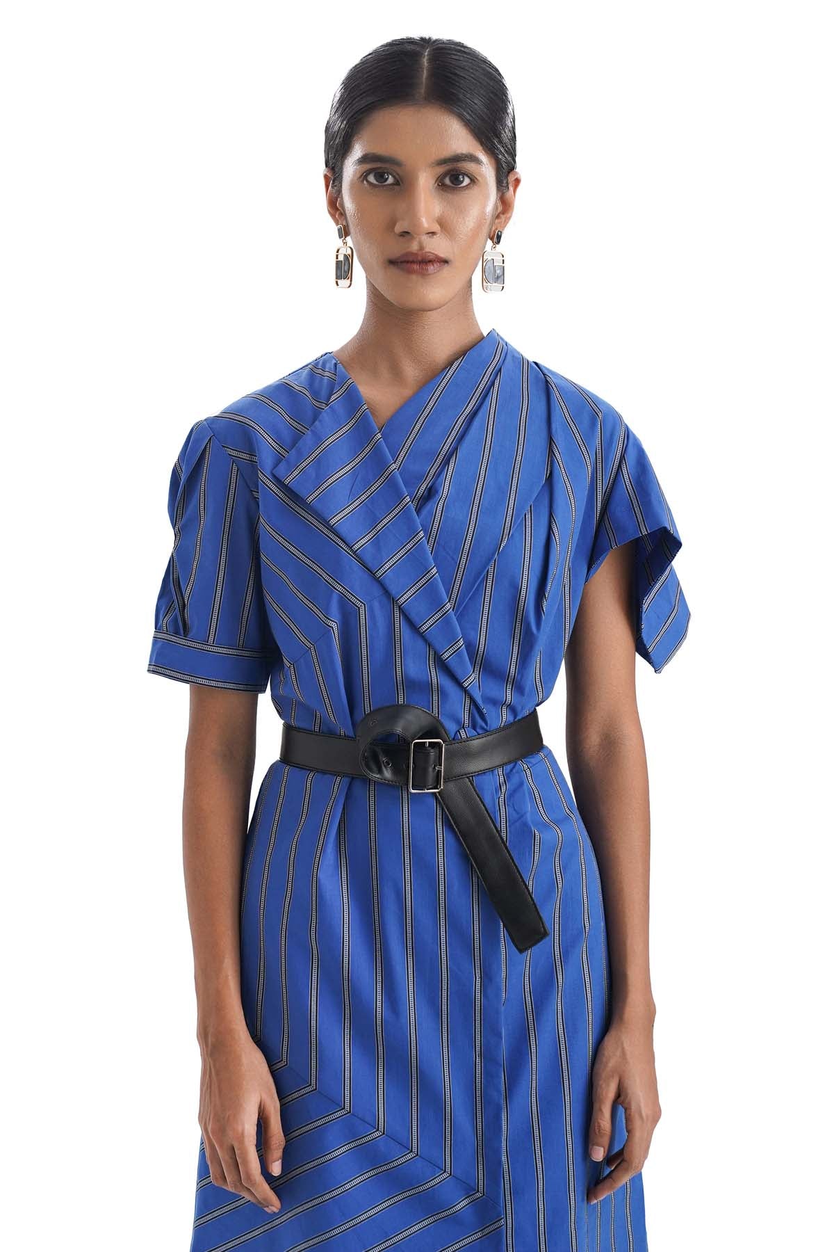 Draped Blue Stripe Cotton Dress
