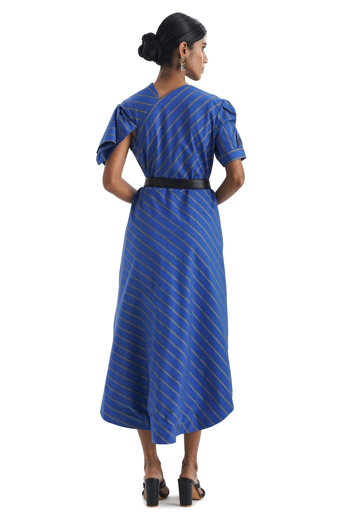 Draped Blue Stripe Cotton Dress