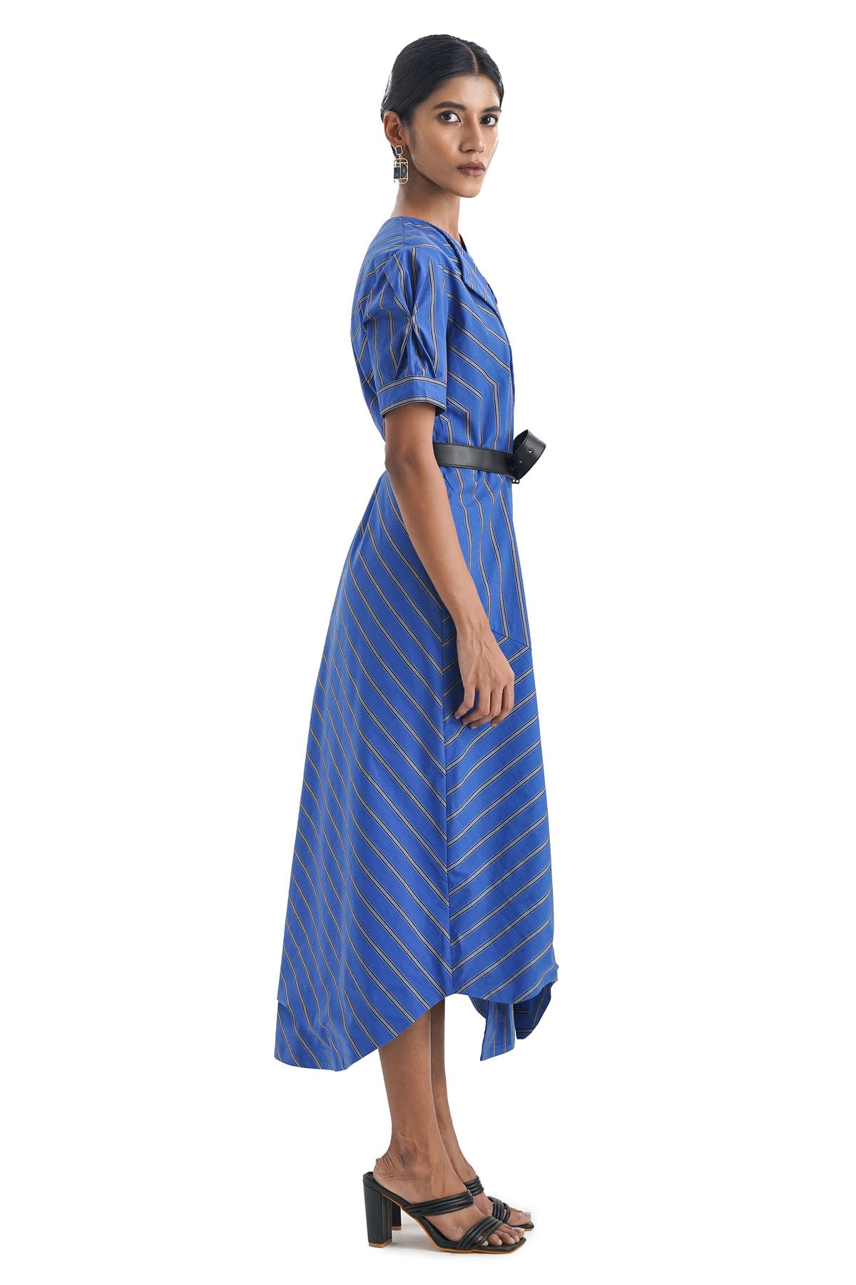 Draped Blue Stripe Cotton Dress