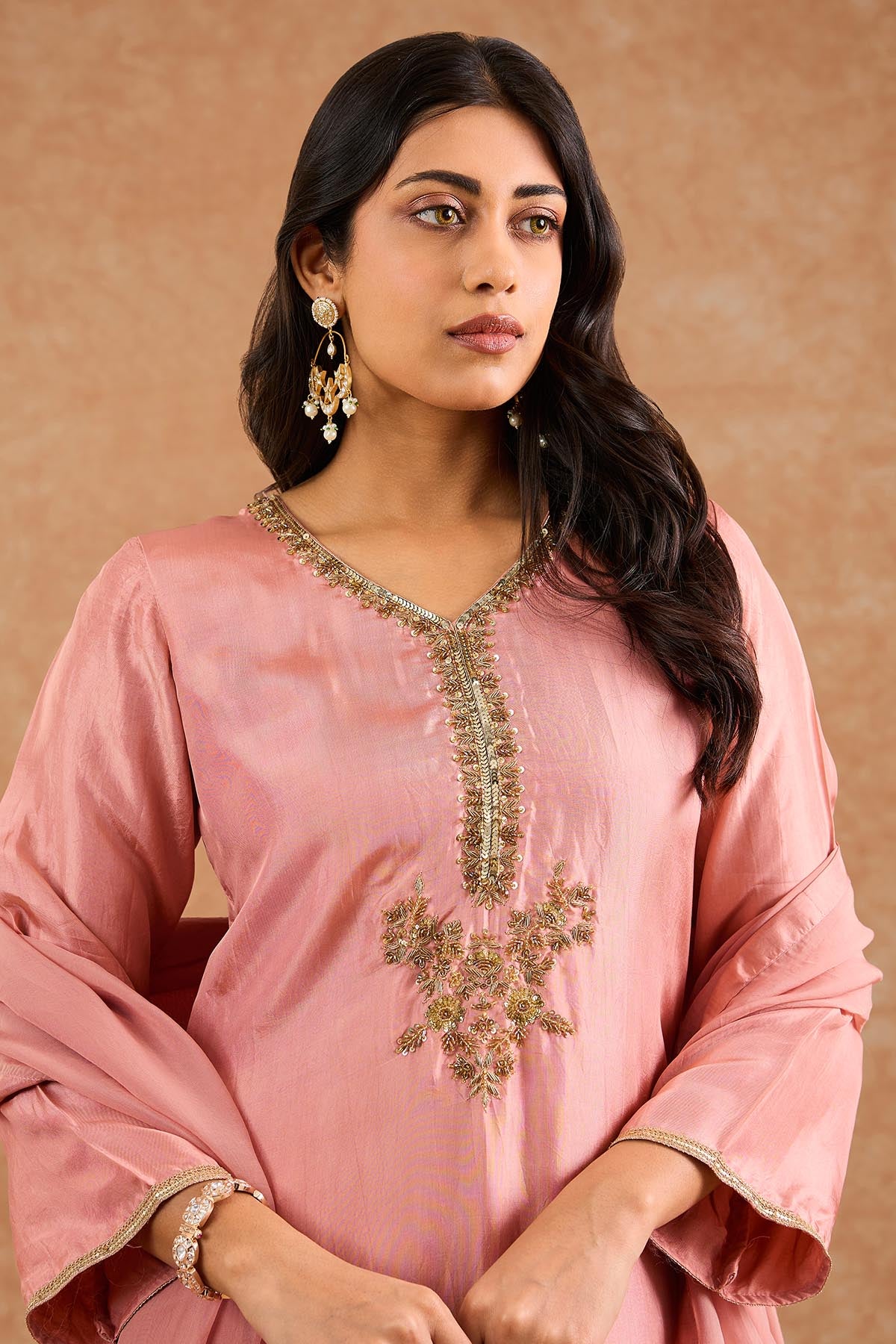 Dull Peach Opara Silk Kurta Set