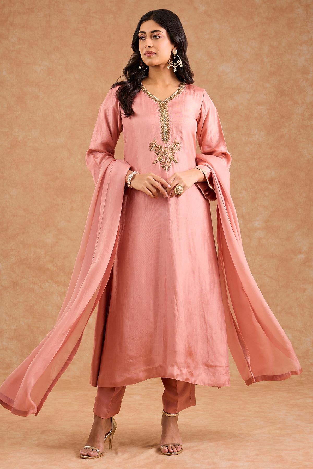 Buy Dull Peach Opara Silk Kurta Set for women by Milu Madan online available at scrollnshops
