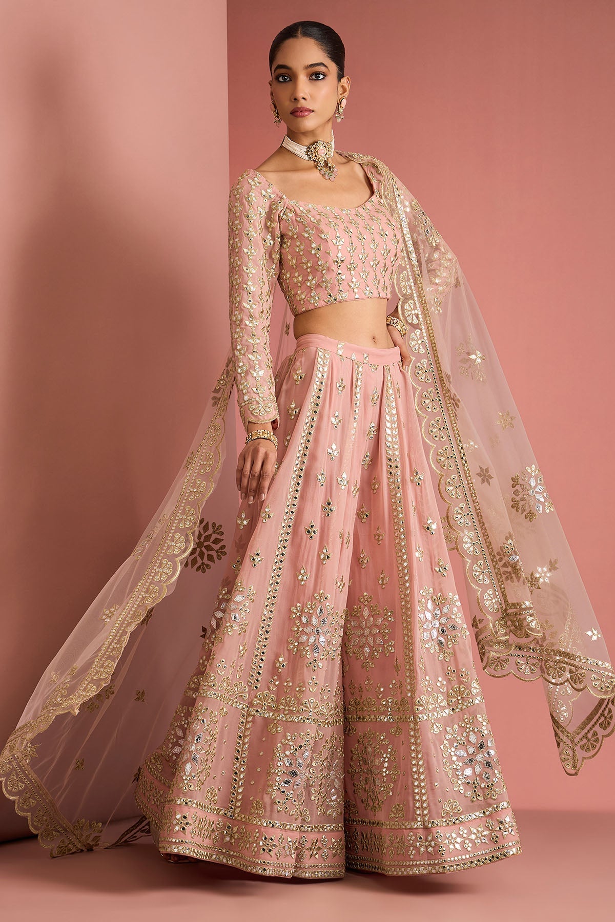 Buy Dull Pink Gota Work Lehenga Set for women by Milu Madan online available at scrollnshops
