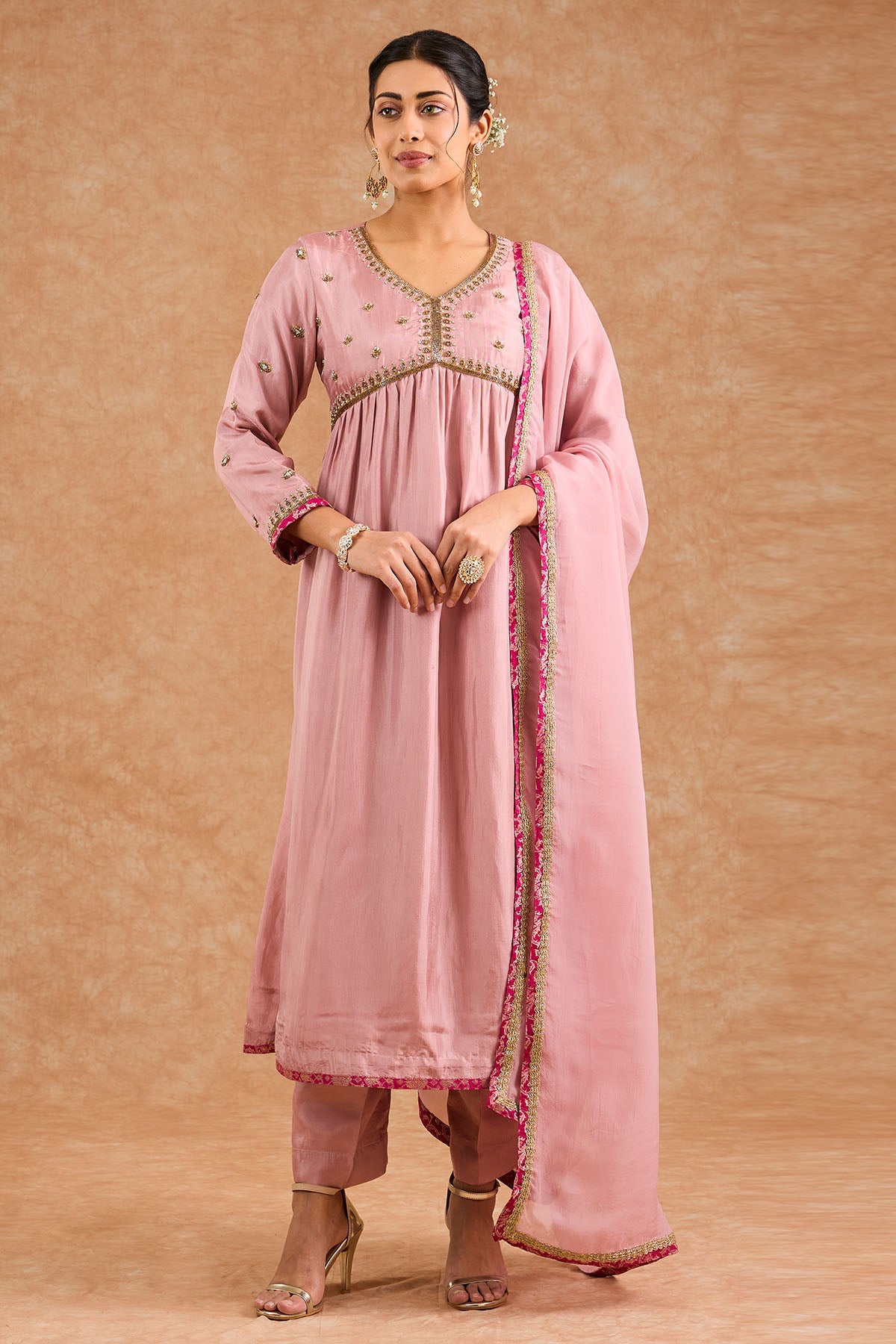 Buy Dull Pink Opara Anarkali Set for women by Milu Madan online available at scrollnshops