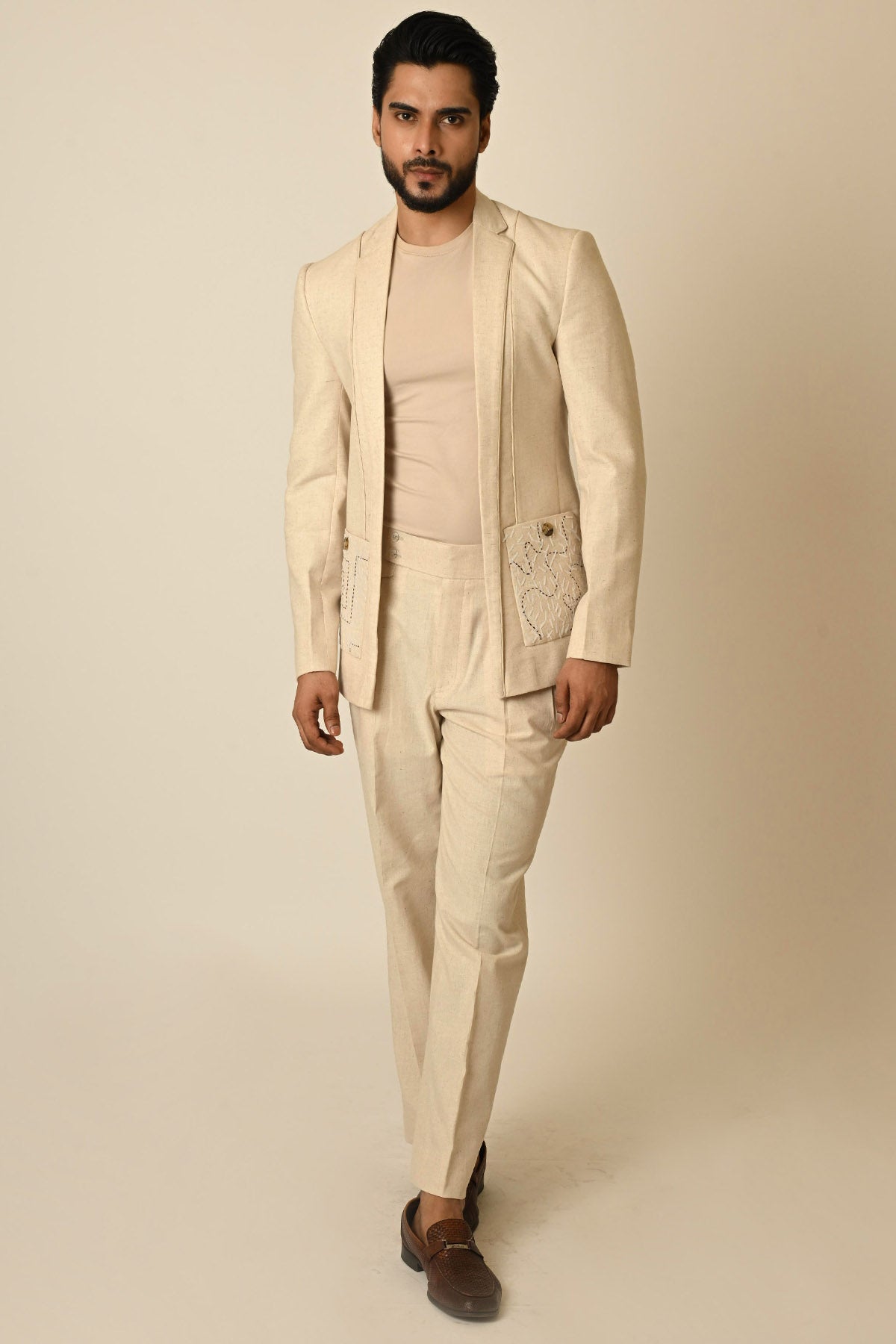 Buy Dusty Beige Pure Linen Blazer for men by Paarsh Atelier online available at scrollnshops