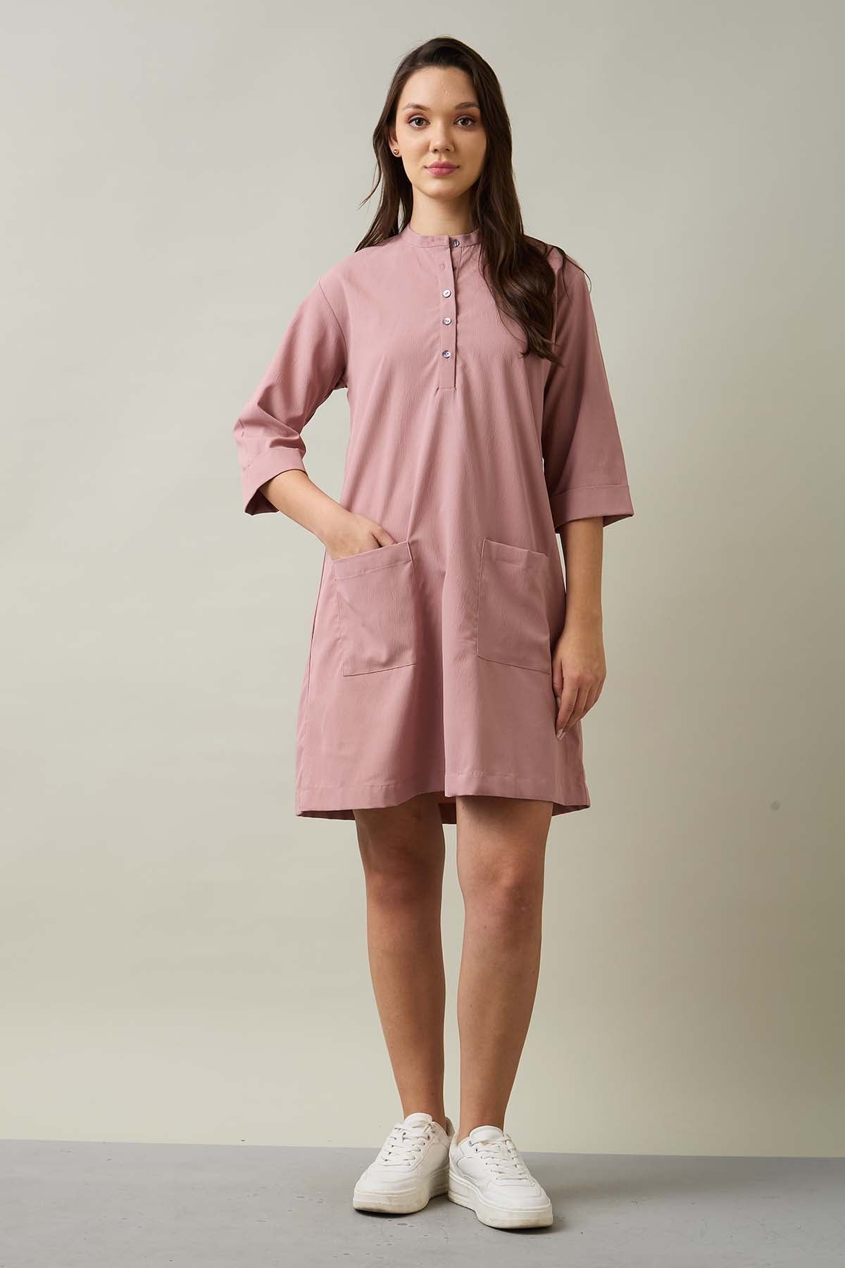 Buy Dusty Pink Chinese Collar Dress for Women by SNEHA B Designer online available at scrollnshops