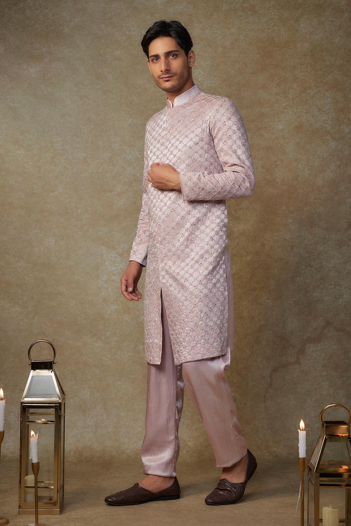 Dusty Pink Mashroo Sherwani Set