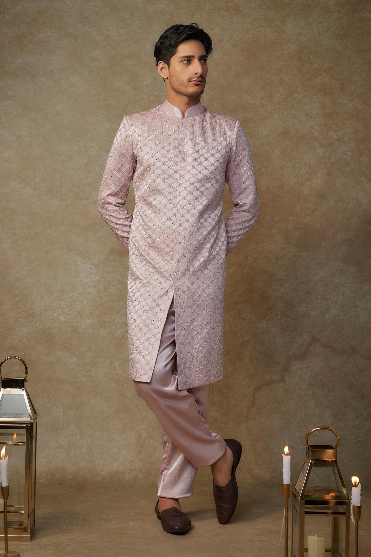 Buy Dusty Pink Mashroo Sherwani Set by Masumi Mewawalla for men online at ScrollnShops