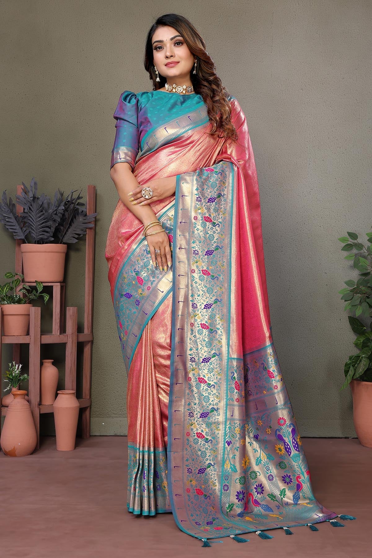 Buy Dusty Pink Tissue Silk Saree for women by Aastha Fashion online available at scrollnshops