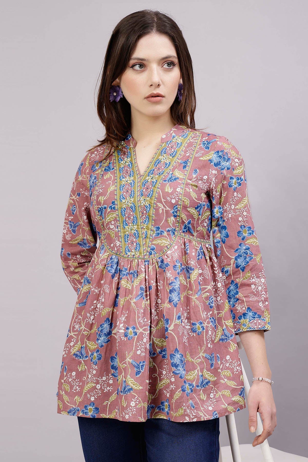 Buy Dusty Rose Embellished Yoke Top for Women by Qomn Designer online available at scrollnshops