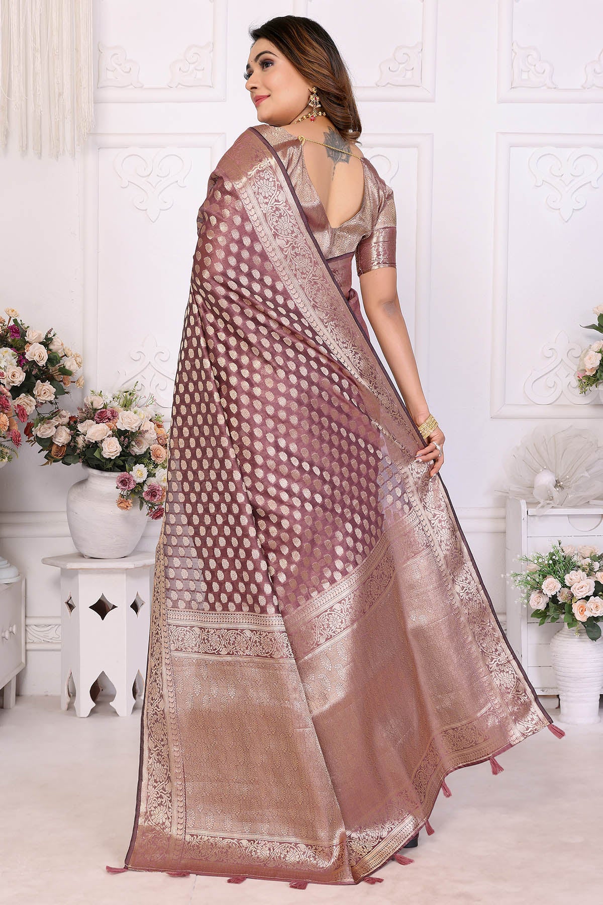 Dusty Rose Organza Silk Saree