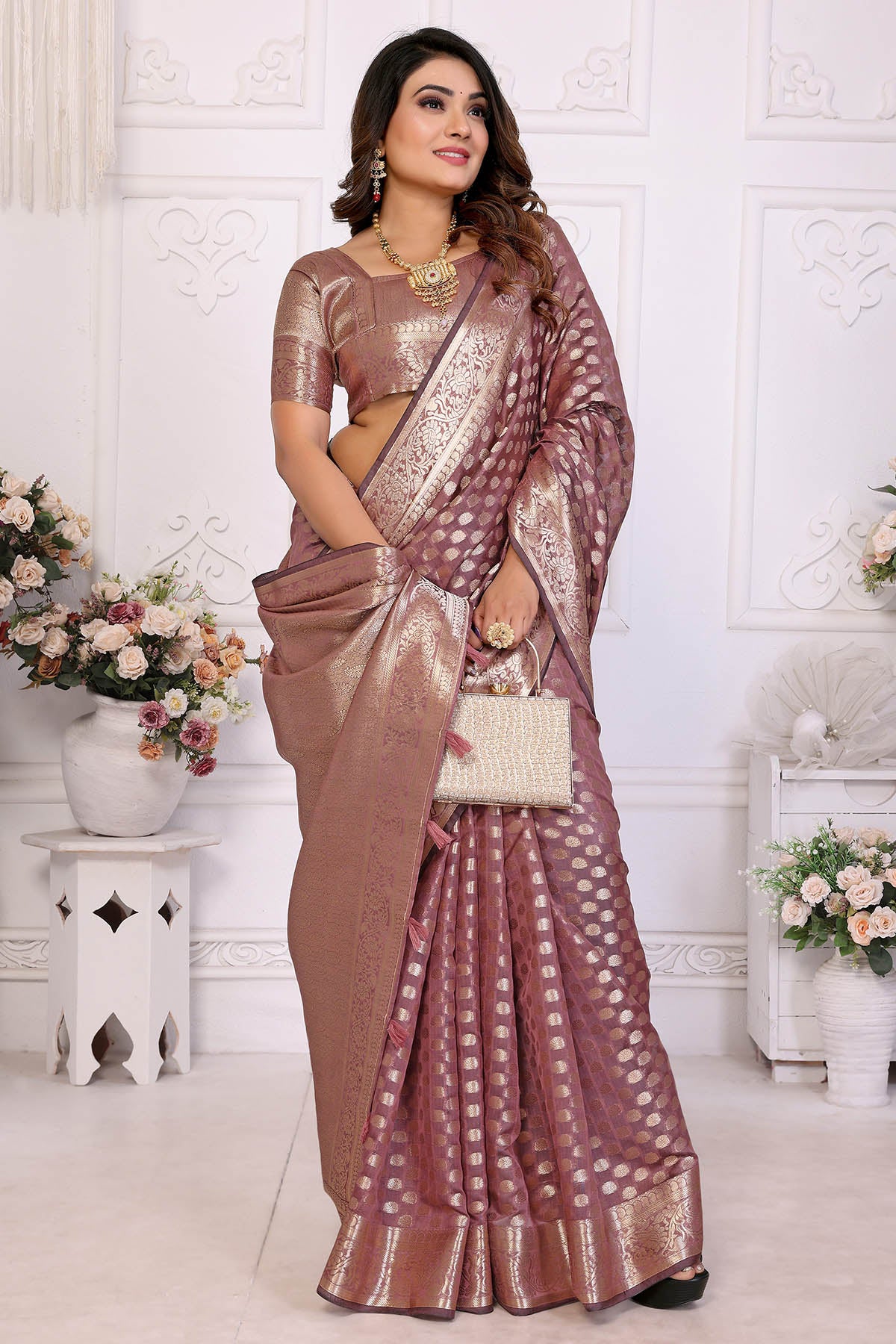 Dusty Rose Organza Silk Saree