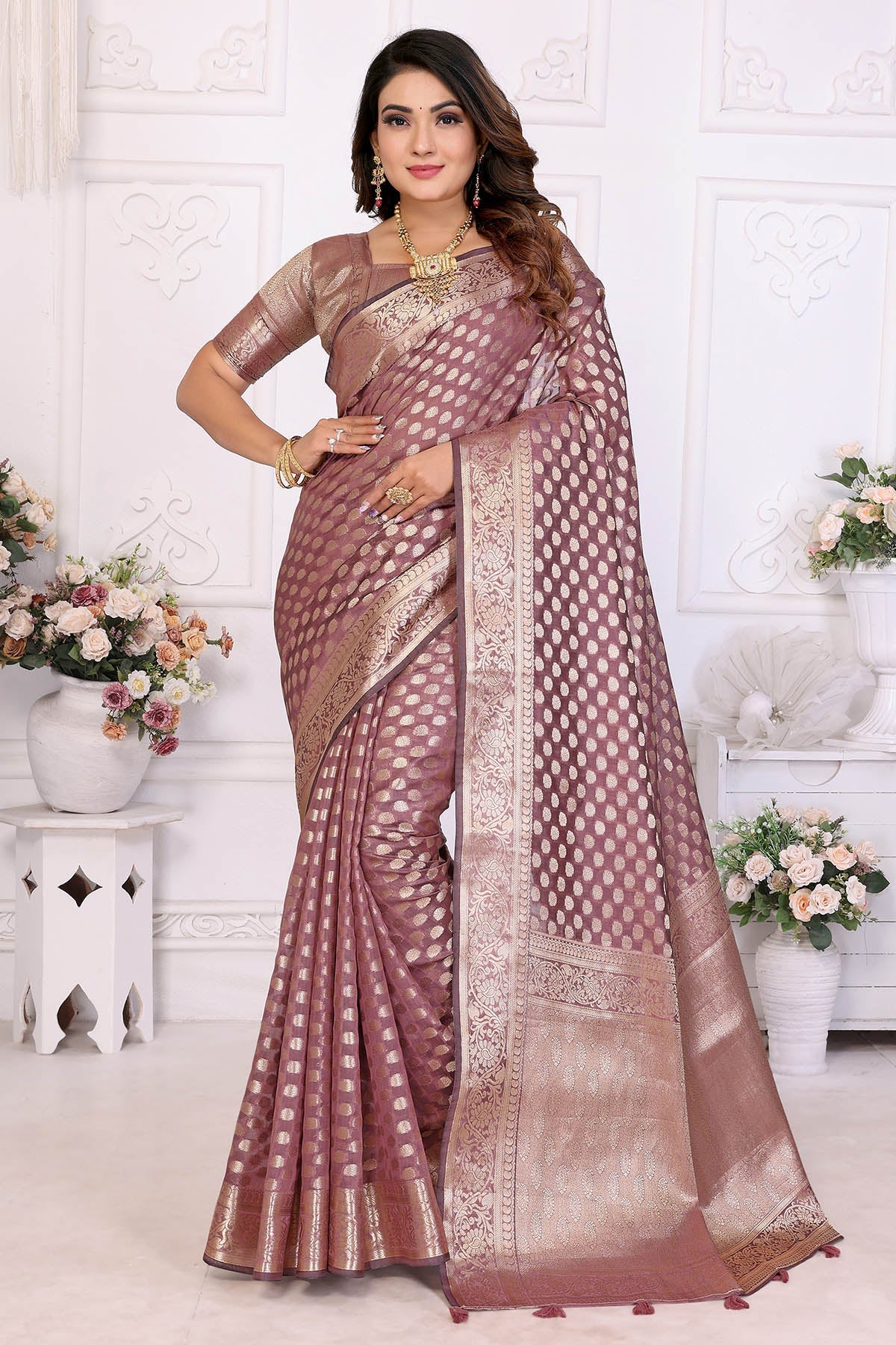 Buy Dusty Rose Organza Silk Saree for women by Aastha Fashion online available at scrollnshops