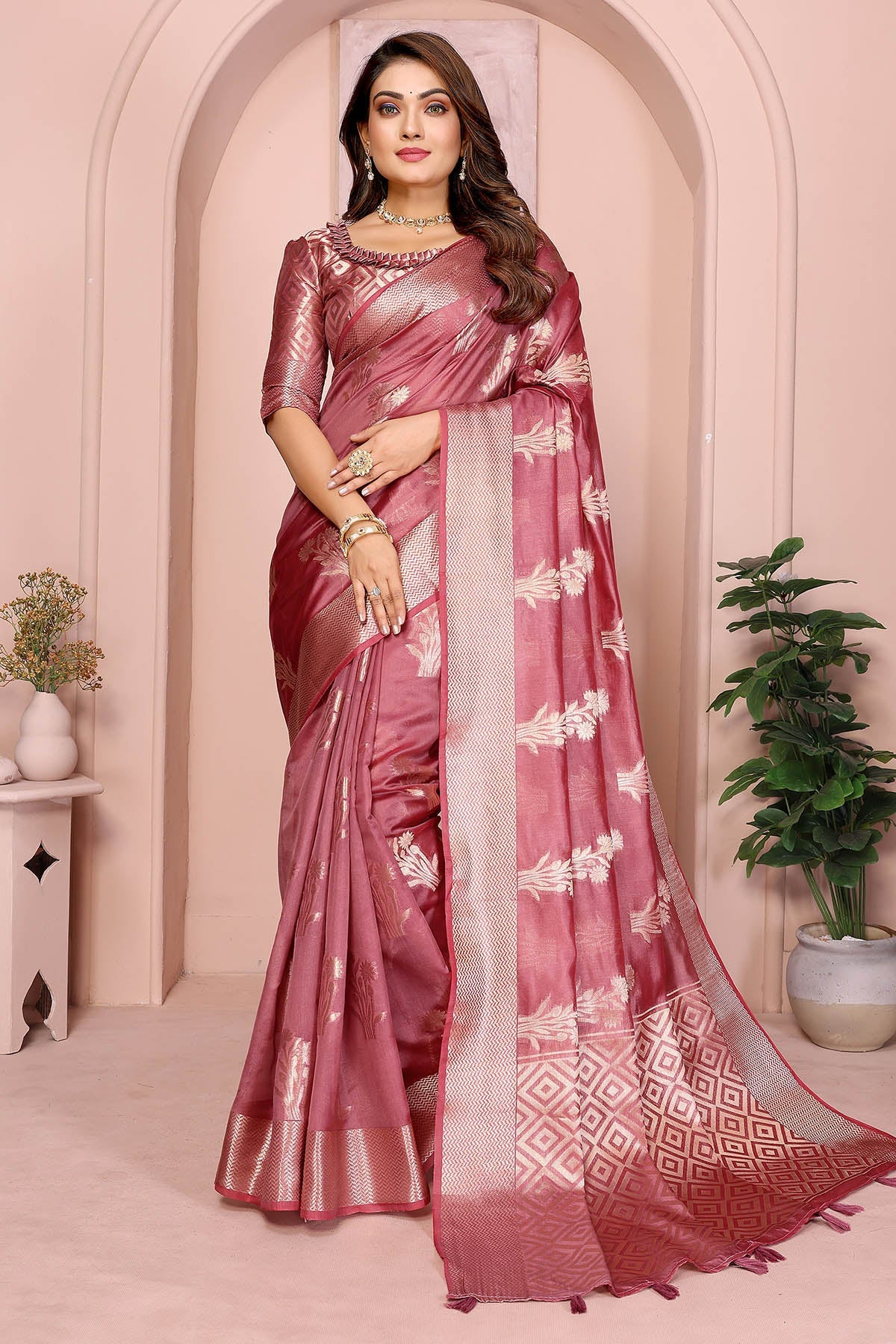 Buy Dusty Rose Soft Organza Saree for women by Aastha Fashion online available at scrollnshops