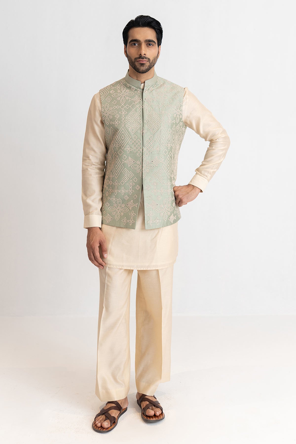 Buy Dusty Sage Raw Silk Bundi Set for men by Ajiesh Oberoi online available at scrollnshops