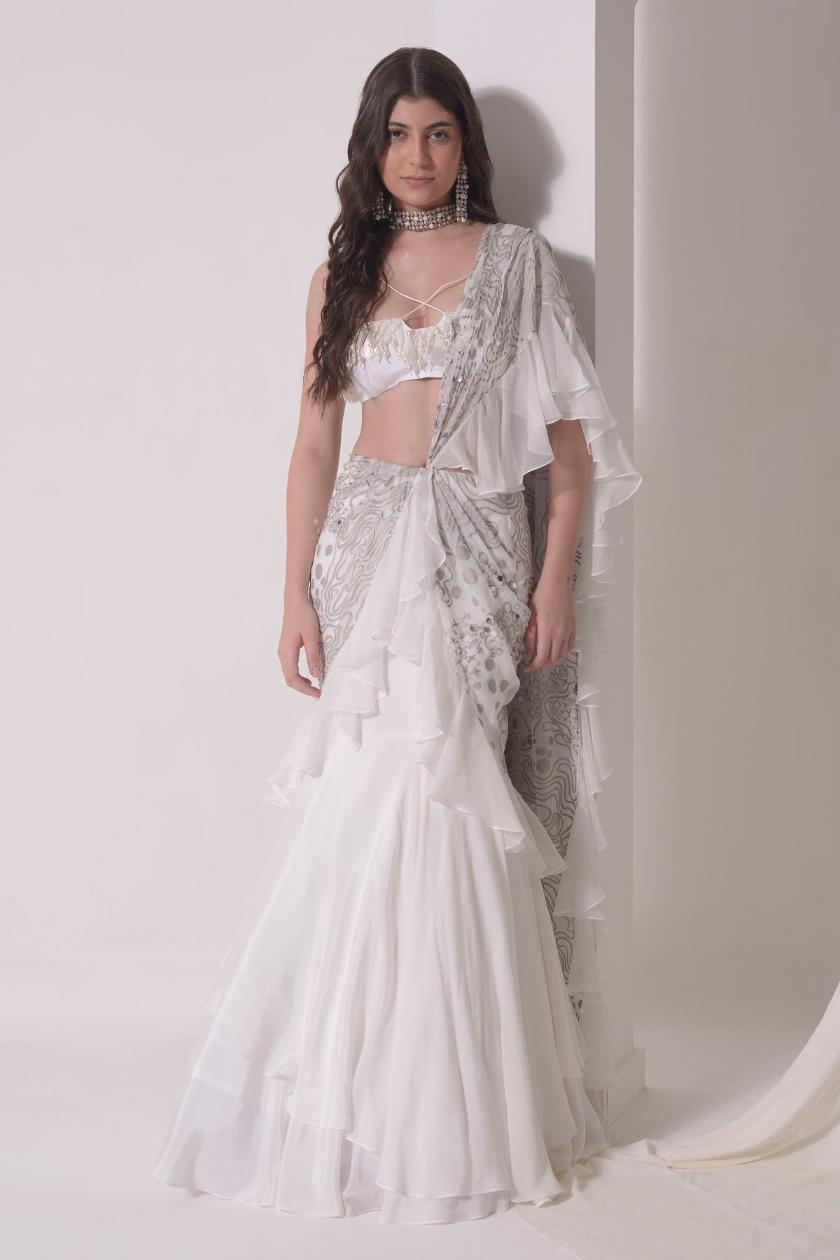 Ecru Embroidered Ruffle Drape Saree