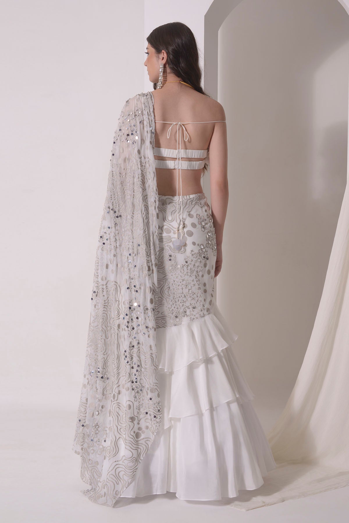 Ecru Embroidered Ruffle Drape Saree