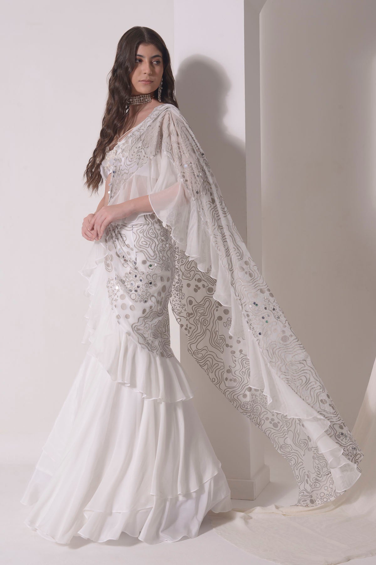 Ecru Embroidered Ruffle Drape Saree