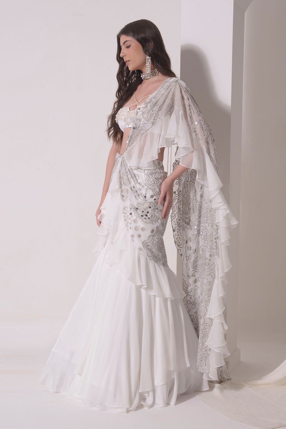 Ecru Embroidered Ruffle Drape Saree