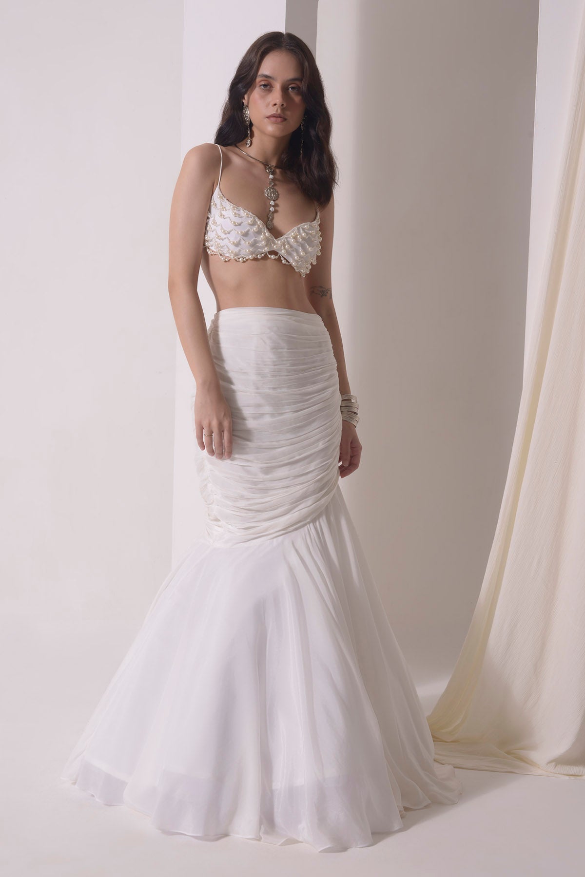 Ecru Fish Cut Layered Lehenga Set